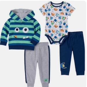 4 Piece Set Infant Baby boy Fleece lined pullover Hoodie Bodysuit 2 Fleece pants